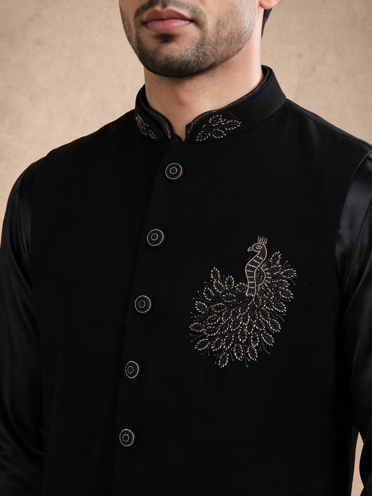 Manyavar Men Black Blended Rayon Nehru Jacket with Embroidery