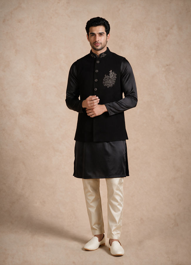 Manyavar Men Black Blended Rayon Nehru Jacket with Embroidery