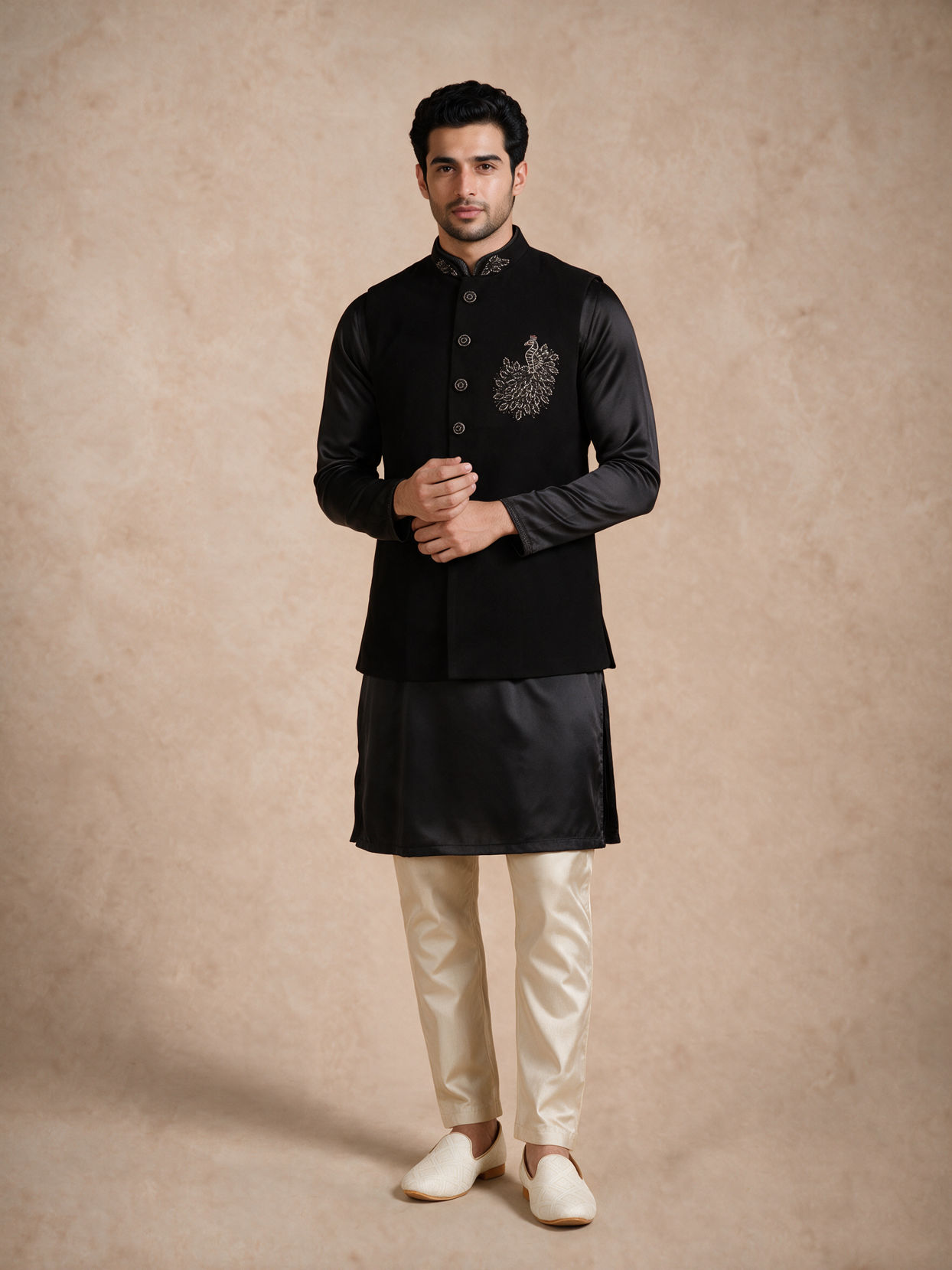 Manyavar Men Black Blended Rayon Nehru Jacket with Embroidery