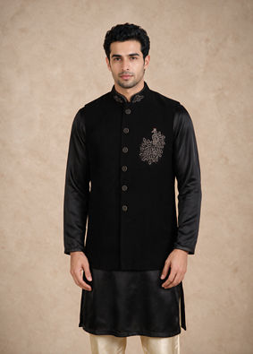Manyavar Men Black Blended Rayon Nehru Jacket with Embroidery