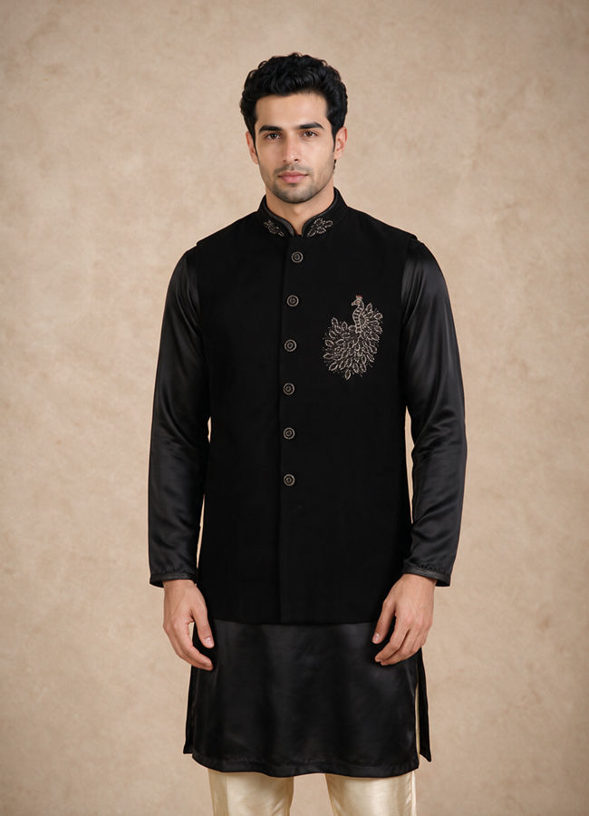 Manyavar Men Black Blended Rayon Nehru Jacket with Embroidery