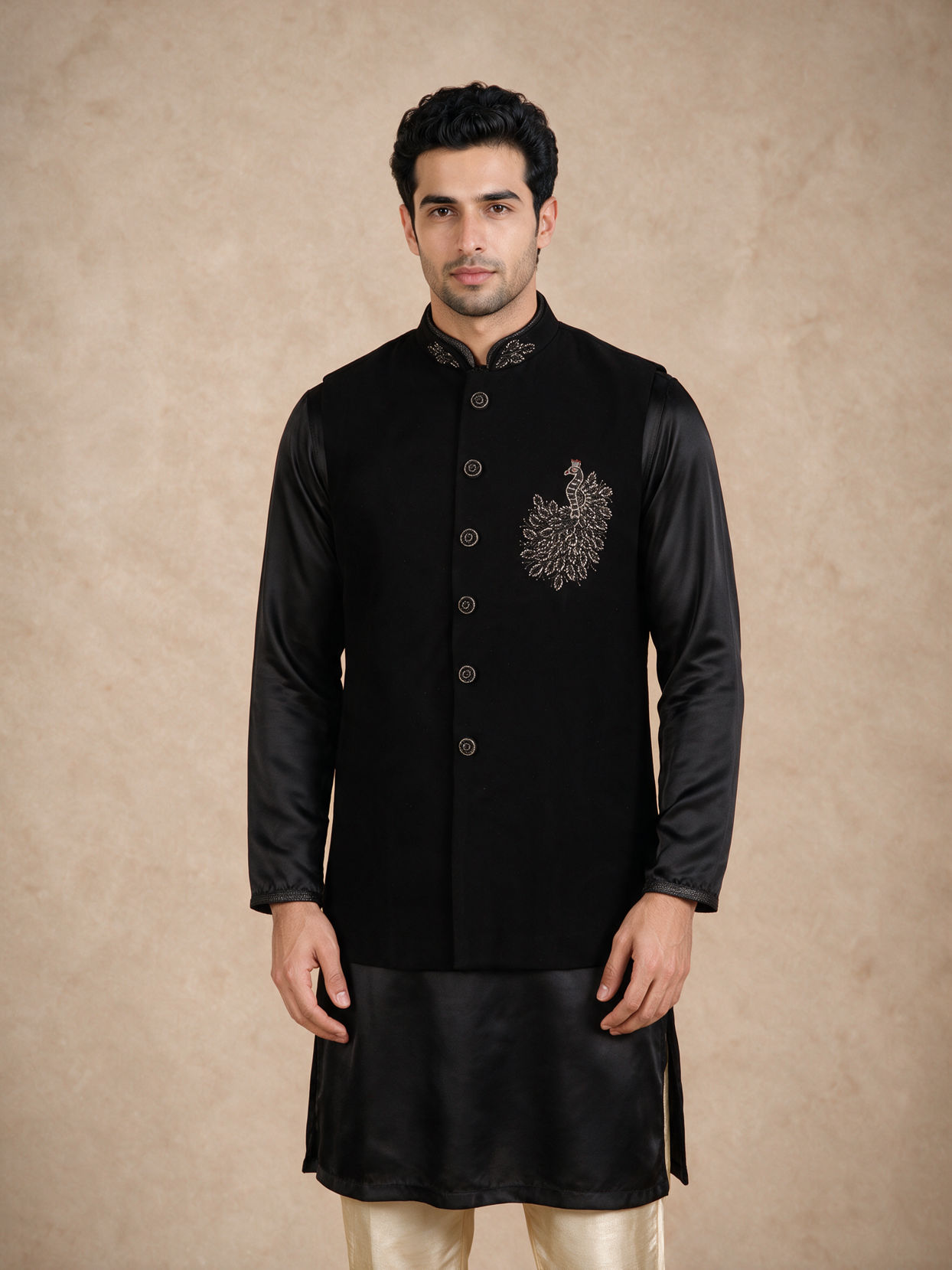 Manyavar Men Black Blended Rayon Nehru Jacket with Embroidery