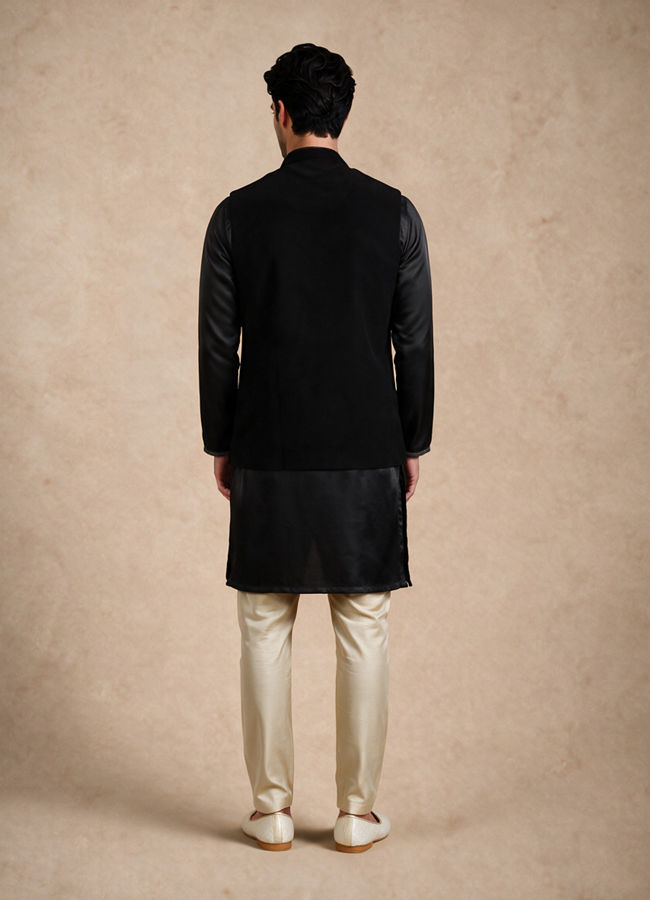 Manyavar Men Black Blended Rayon Nehru Jacket with Embroidery