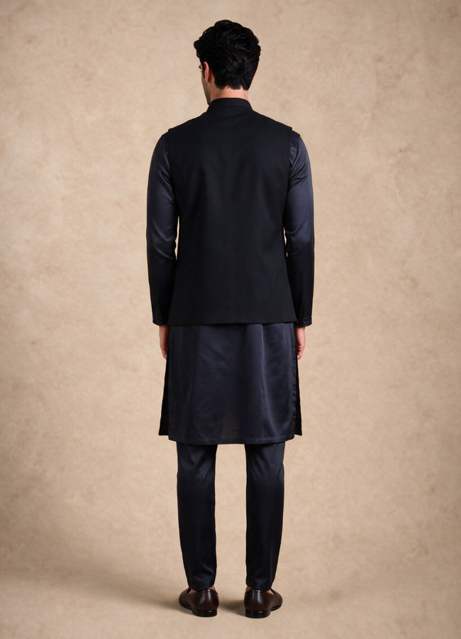Manyavar Men Dark Blue Blended Rayon Nehru Jacket with Stone Work