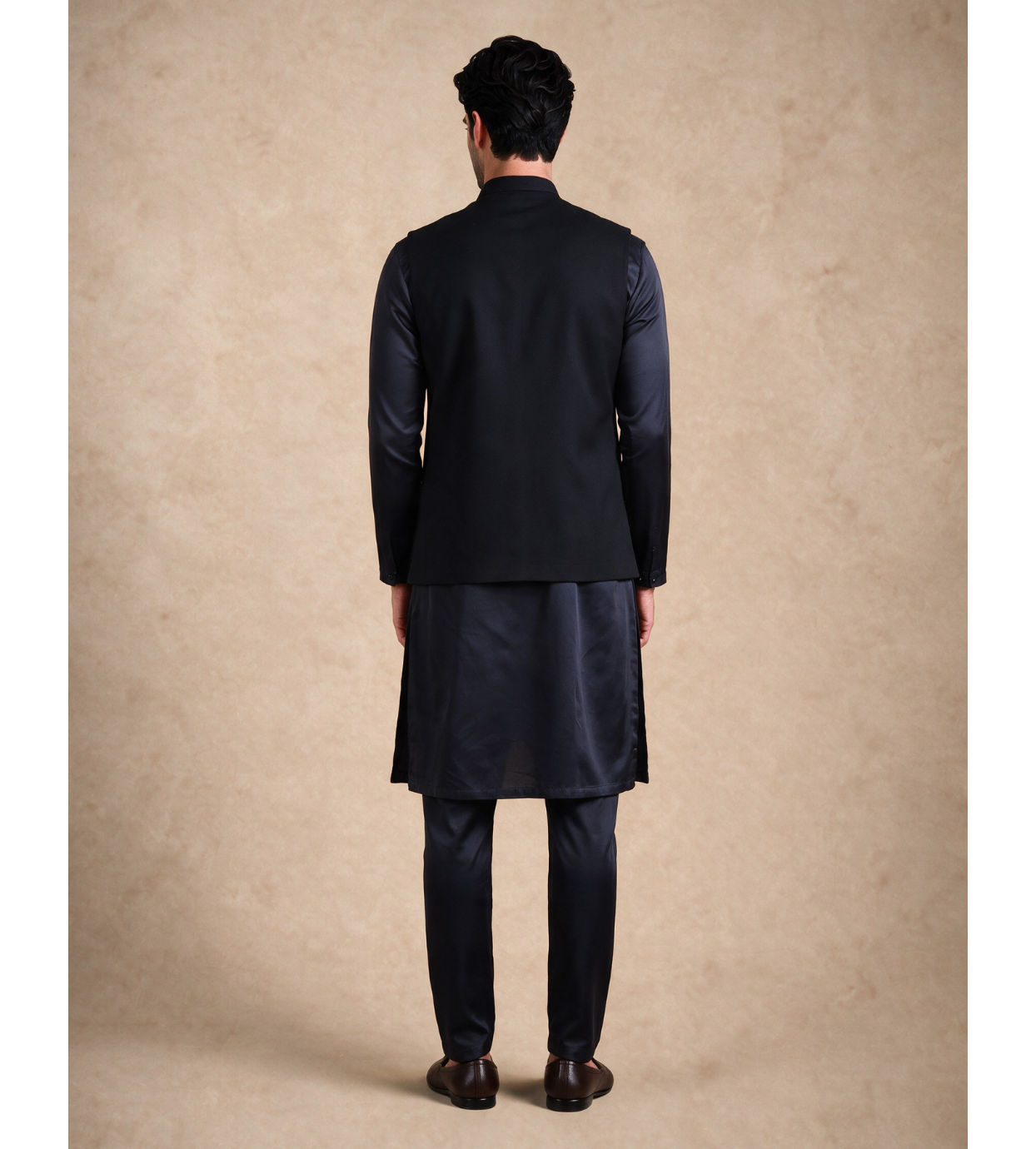 Manyavar Men Dark Blue Blended Rayon Nehru Jacket with Stone Work