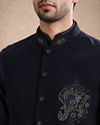 Manyavar Men Dark Blue Blended Rayon Nehru Jacket with Stone Work