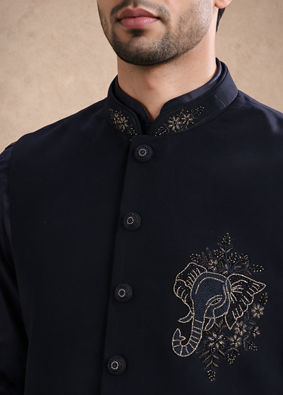 Manyavar Men Dark Blue Blended Rayon Nehru Jacket with Stone Work