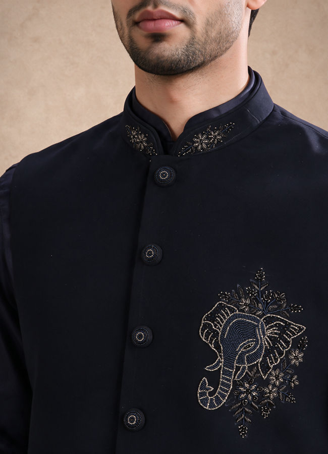 Manyavar Men Dark Blue Blended Rayon Nehru Jacket with Stone Work