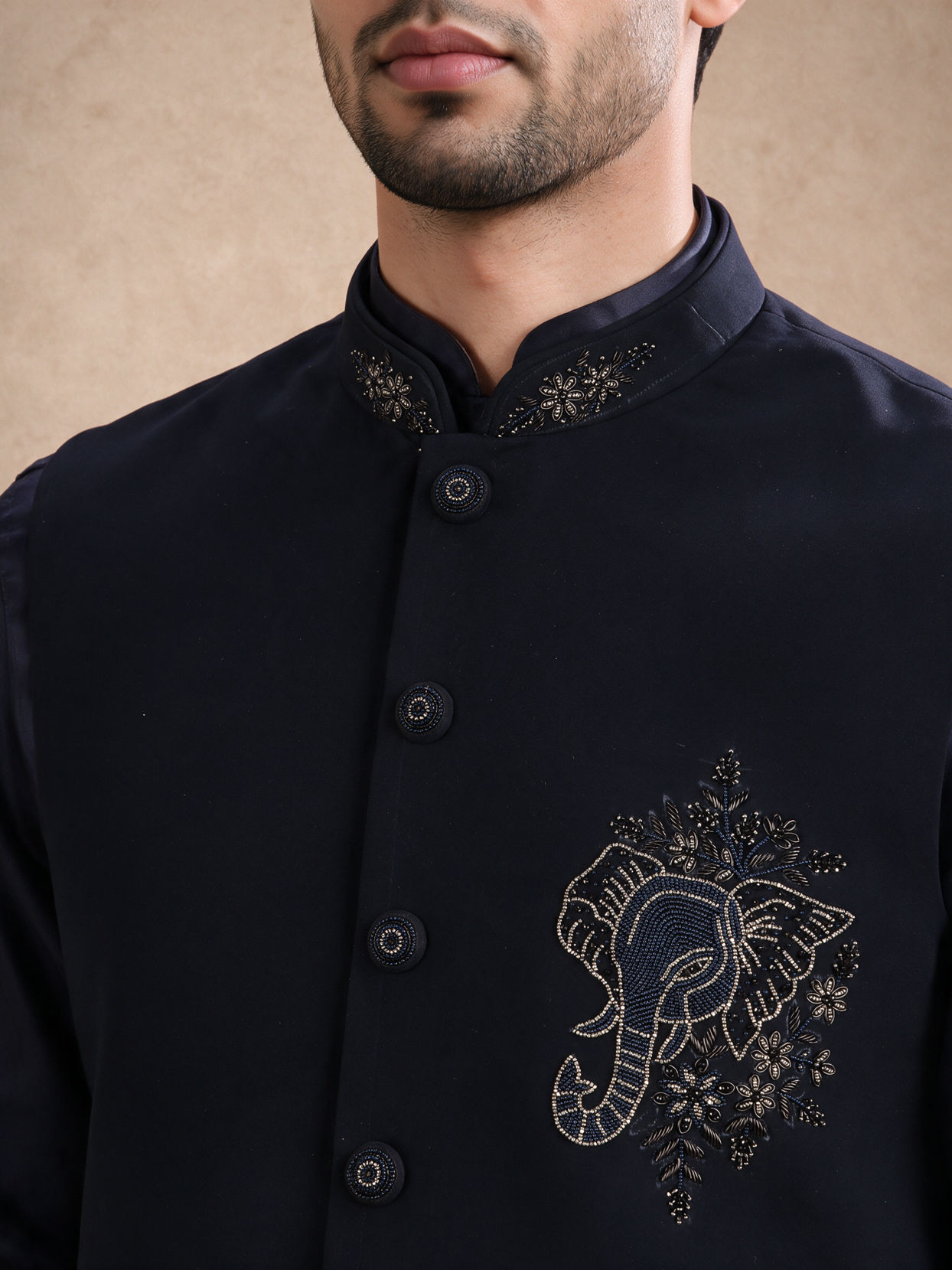 Manyavar Men Dark Blue Blended Rayon Nehru Jacket with Stone Work