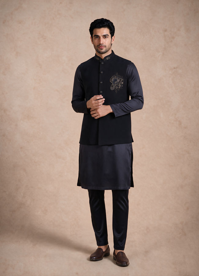 Manyavar Men Dark Blue Blended Rayon Nehru Jacket with Stone Work