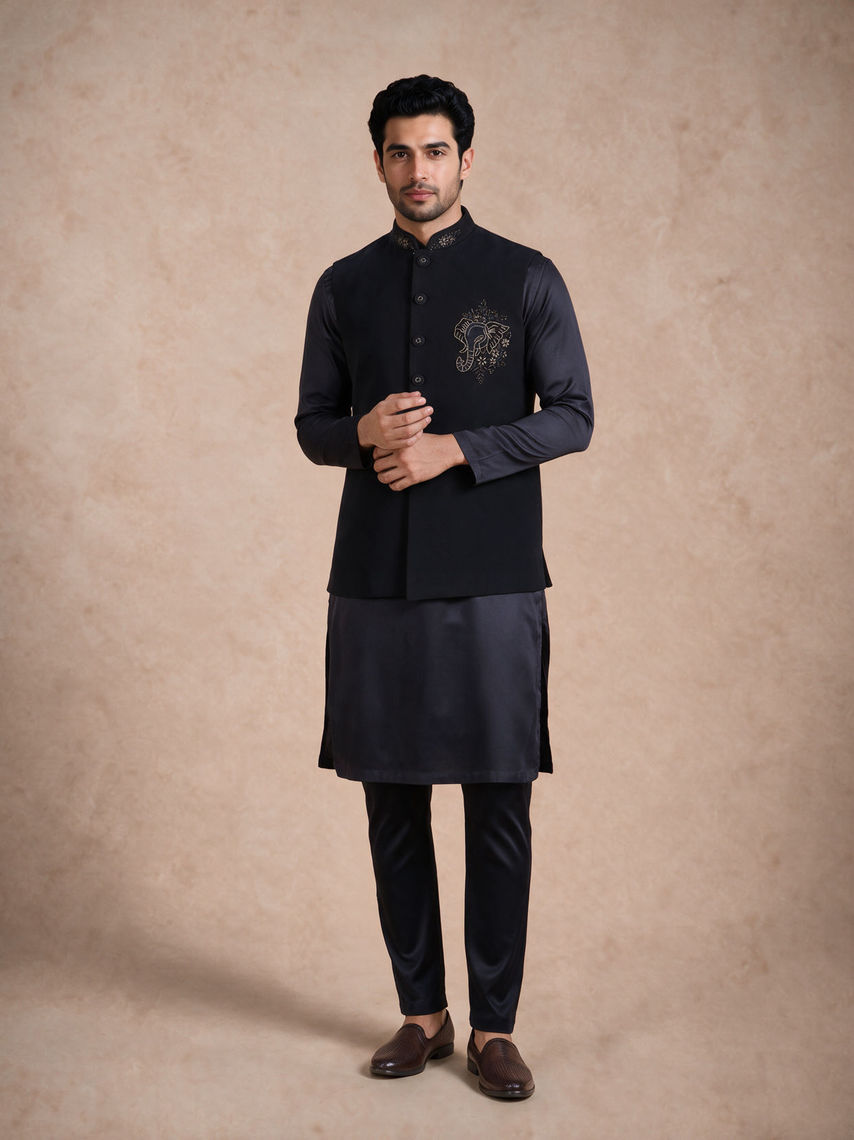 Manyavar Men Dark Blue Blended Rayon Nehru Jacket with Stone Work