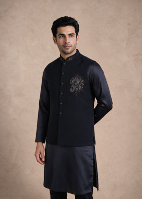 Manyavar Men Dark Blue Blended Rayon Nehru Jacket with Stone Work