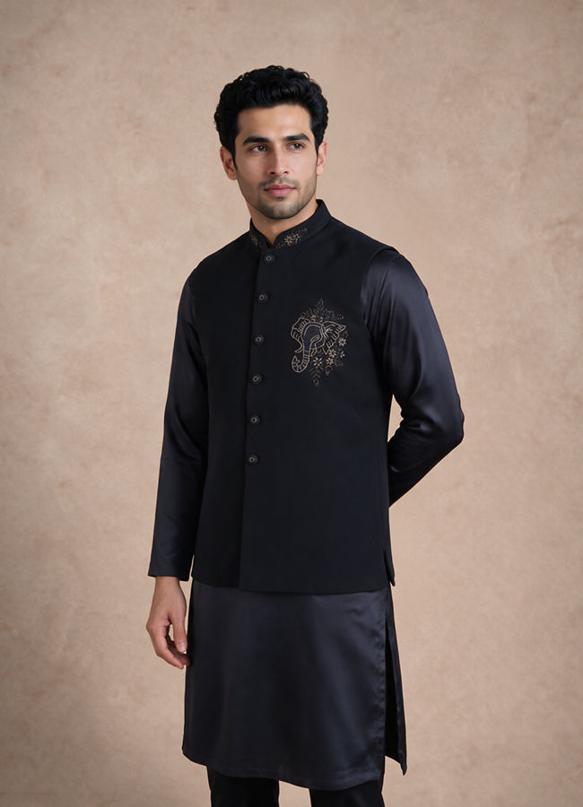 Manyavar Men Dark Blue Blended Rayon Nehru Jacket with Stone Work