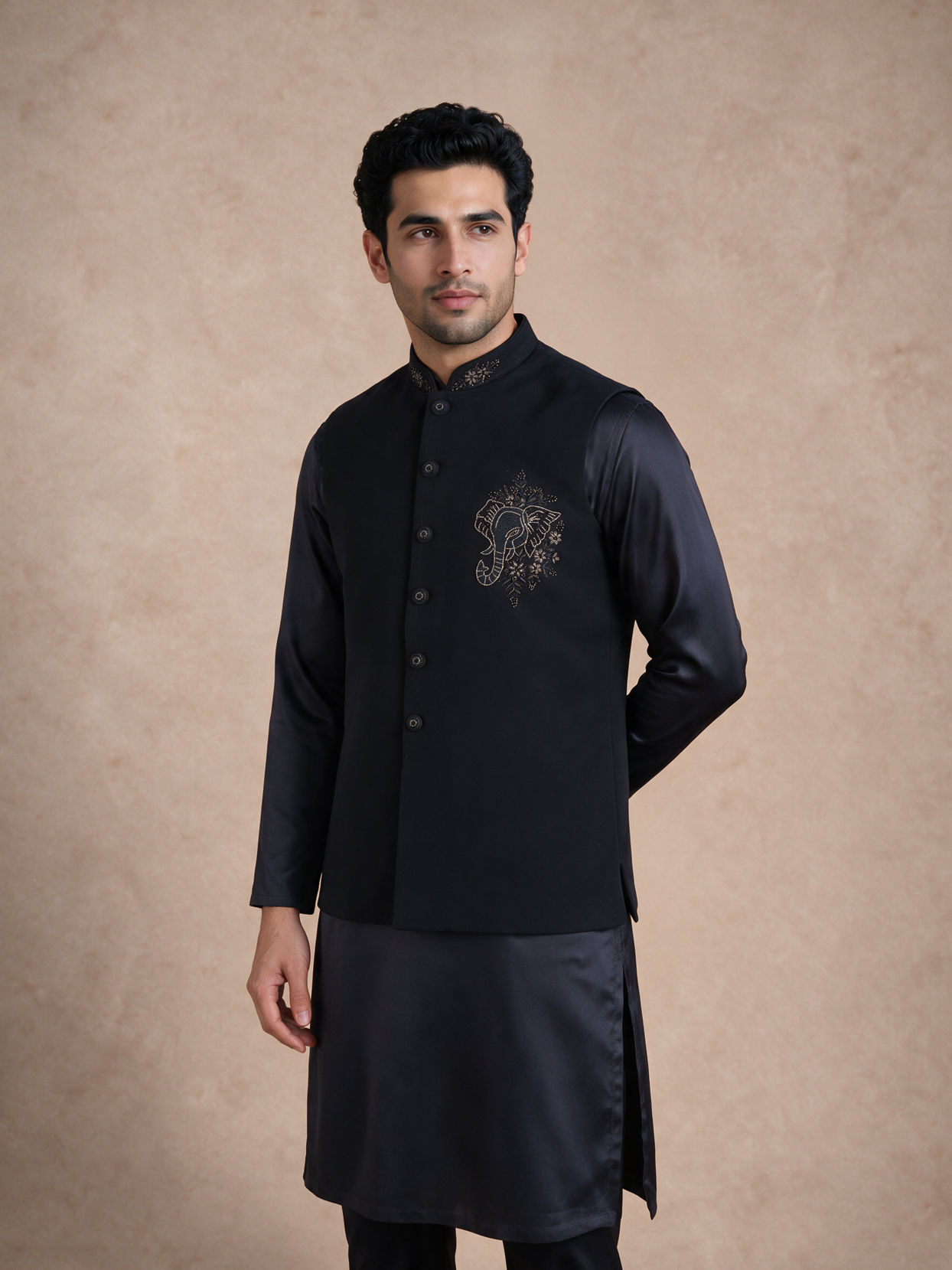 Manyavar Men Dark Blue Blended Rayon Nehru Jacket with Stone Work