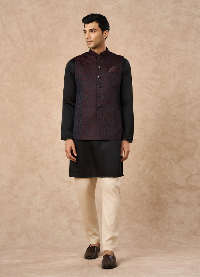 Manyavar Men Black Brocade Nehru Jacket