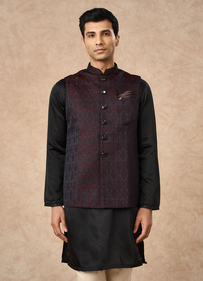Manyavar Men Black Brocade Nehru Jacket