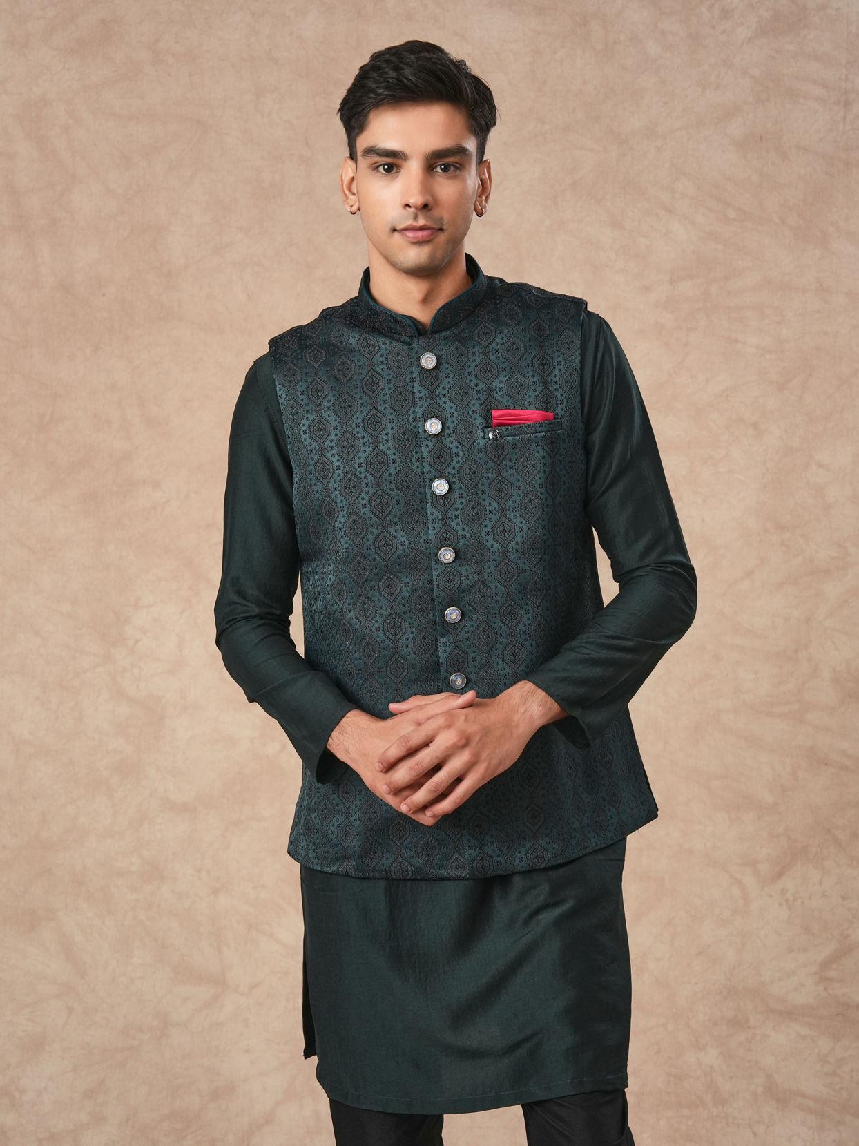 Manyavar Men Teal Green Brocade Nehru Jacket with Pocket Square