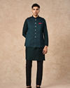 Manyavar Men Teal Green Brocade Nehru Jacket with Pocket Square