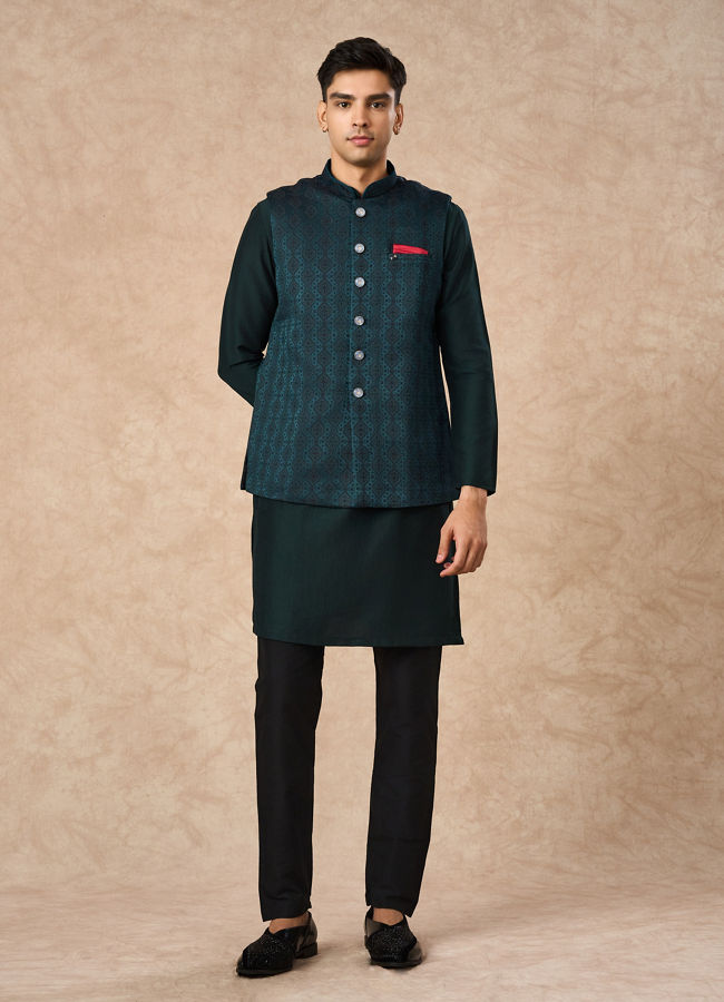 Manyavar Men Teal Green Brocade Nehru Jacket with Pocket Square