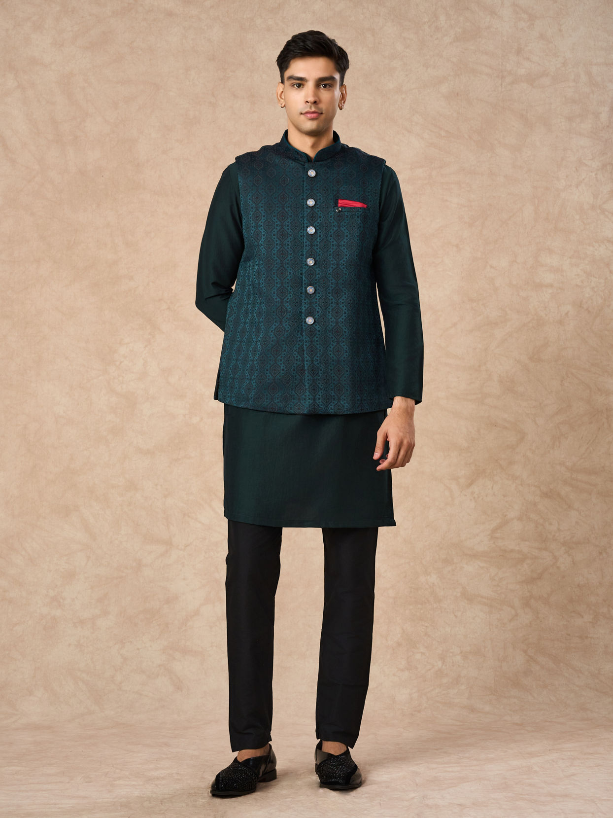 Manyavar Men Teal Green Brocade Nehru Jacket with Pocket Square