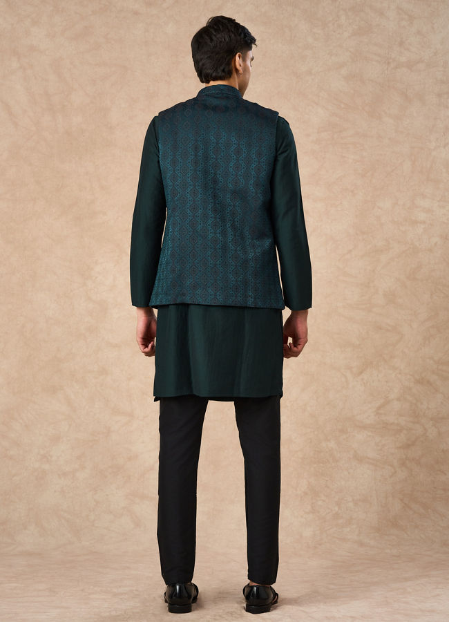 Manyavar Men Teal Green Brocade Nehru Jacket with Pocket Square