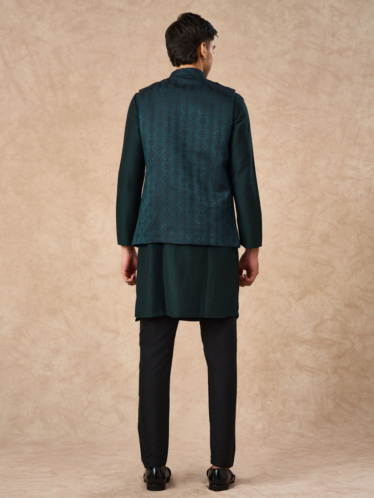 Manyavar Men Teal Green Brocade Nehru Jacket with Pocket Square