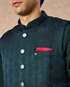 Manyavar Men Teal Green Brocade Nehru Jacket with Pocket Square