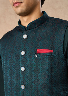 Manyavar Men Teal Green Brocade Nehru Jacket with Pocket Square