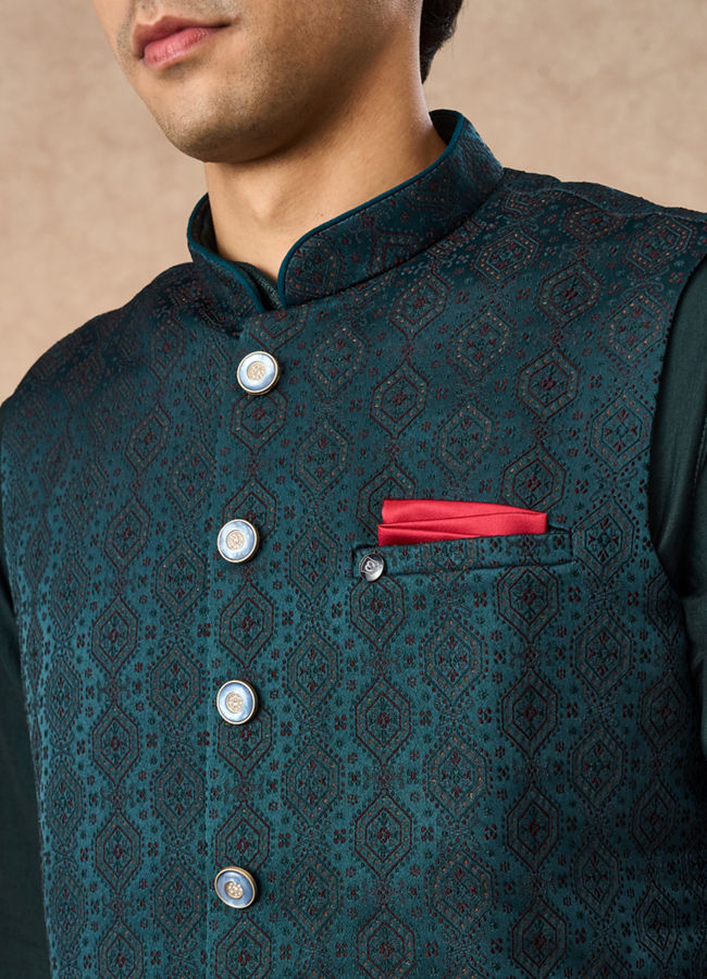 Manyavar Men Teal Green Brocade Nehru Jacket with Pocket Square