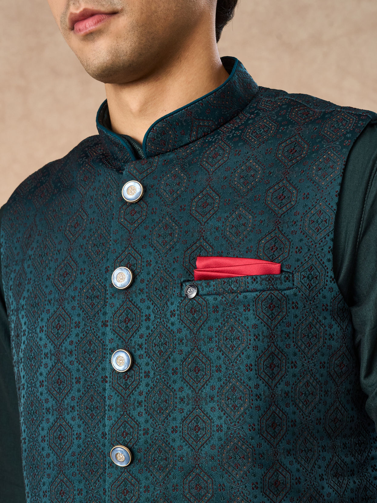 Manyavar Men Teal Green Brocade Nehru Jacket with Pocket Square