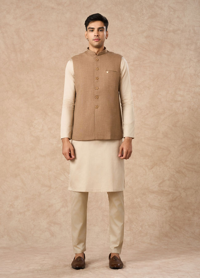 Manyavar Men Fawn Blended Rayon Nehru Jacket