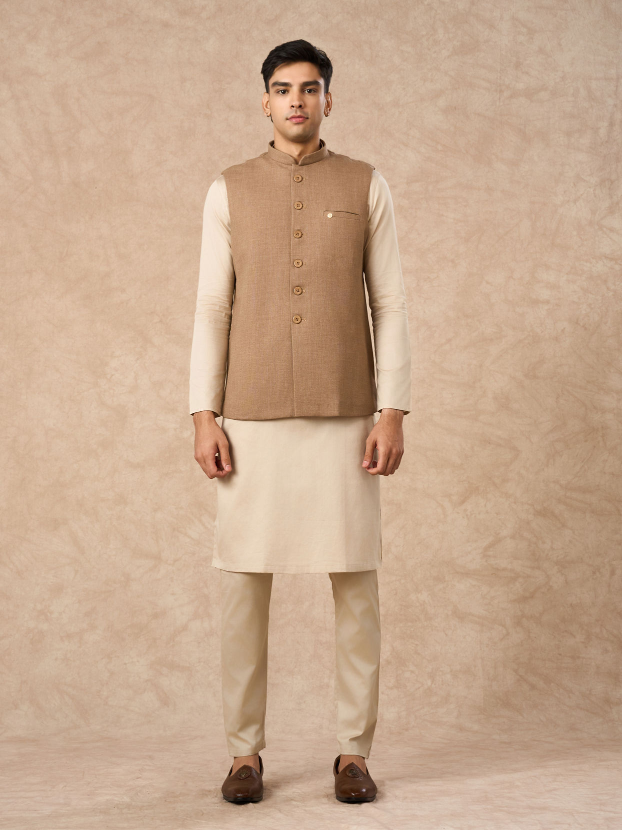 Manyavar Men Fawn Blended Rayon Nehru Jacket