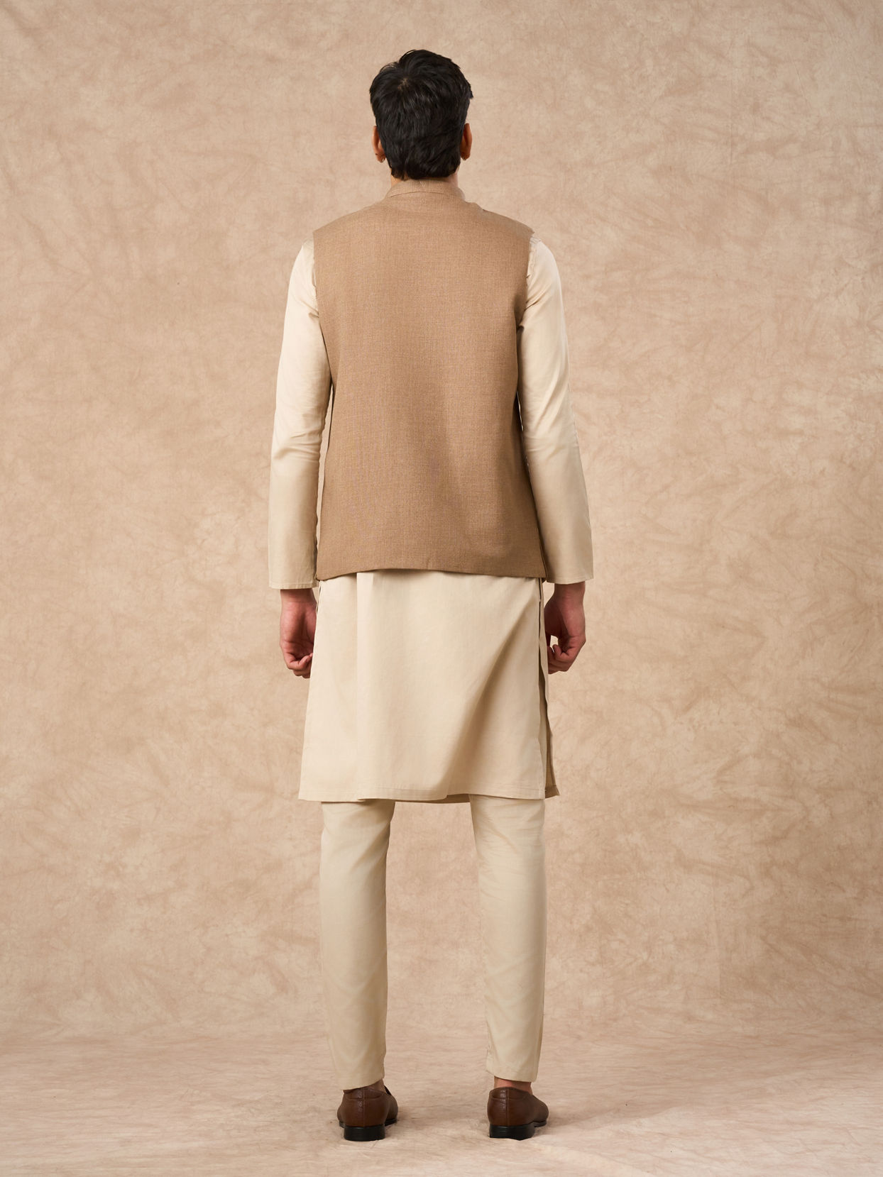Manyavar Men Fawn Blended Rayon Nehru Jacket