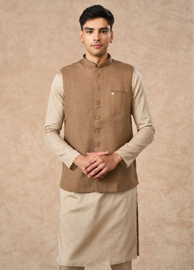 Manyavar Men Fawn Blended Rayon Nehru Jacket
