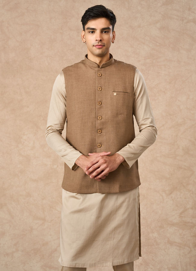 Manyavar Men Fawn Blended Rayon Nehru Jacket