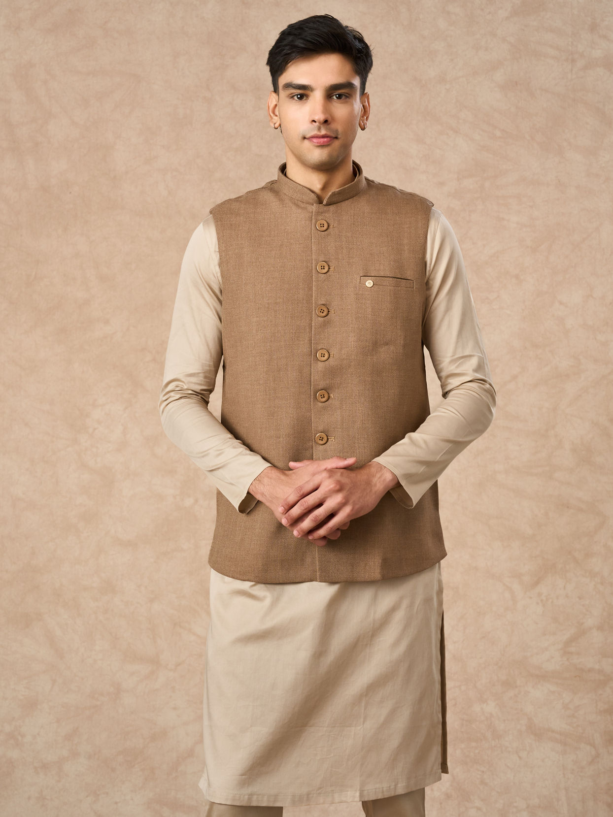 Manyavar Men Fawn Blended Rayon Nehru Jacket