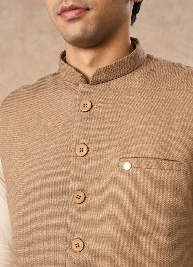 Manyavar Men Fawn Blended Rayon Nehru Jacket