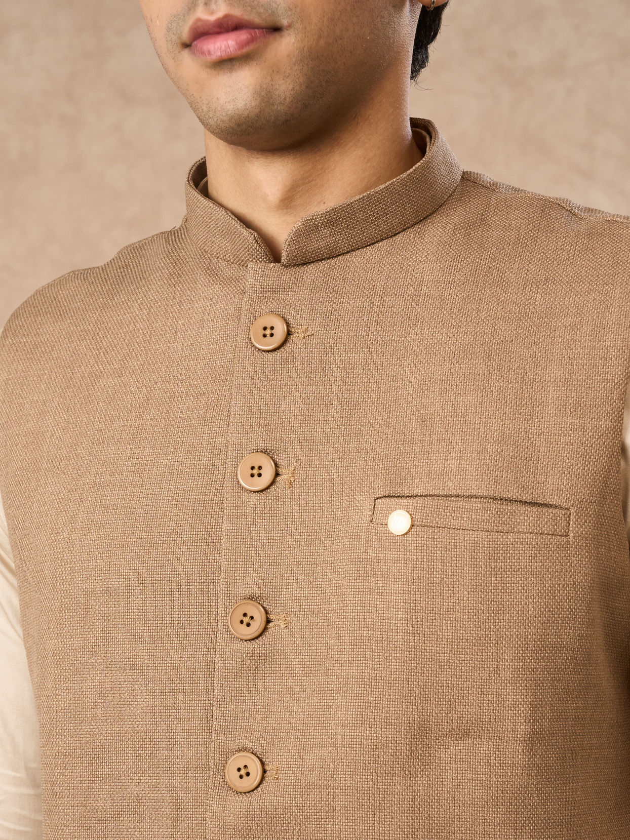 Manyavar Men Fawn Blended Rayon Nehru Jacket