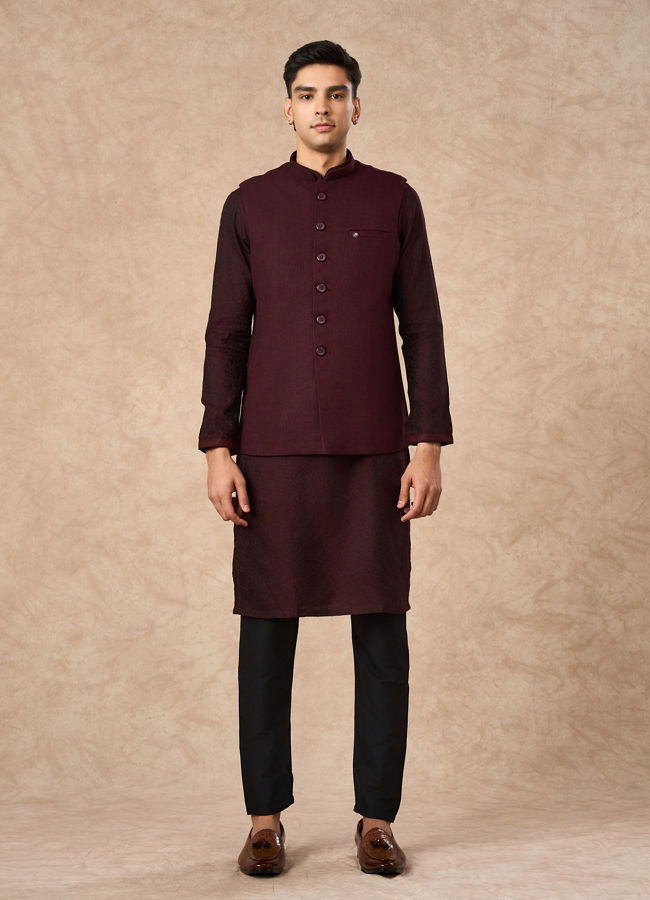 Manyavar Men Wine Blended Rayon Nehru Jacket with Pocket Pin