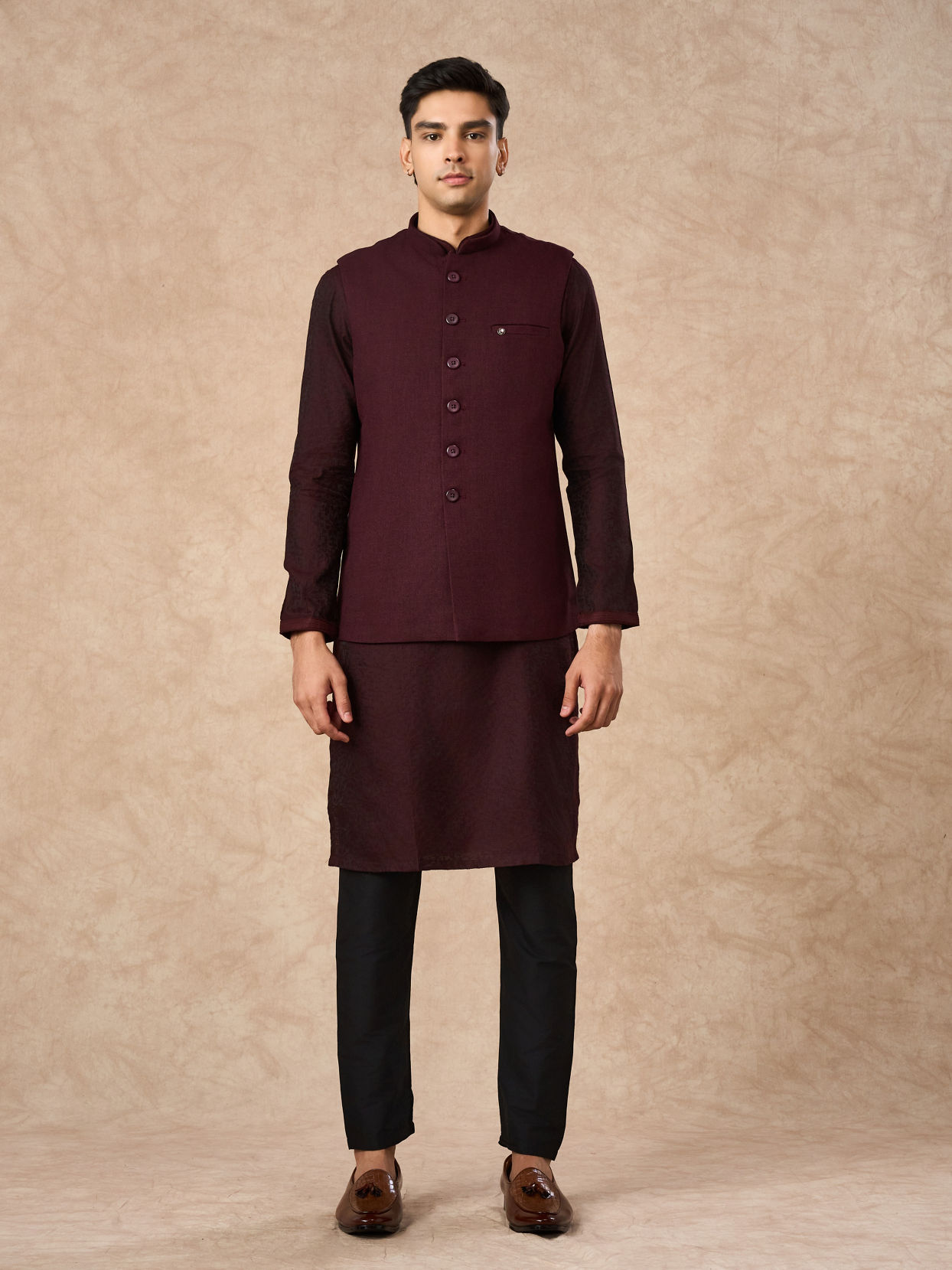 Manyavar Men Wine Blended Rayon Nehru Jacket with Pocket Pin