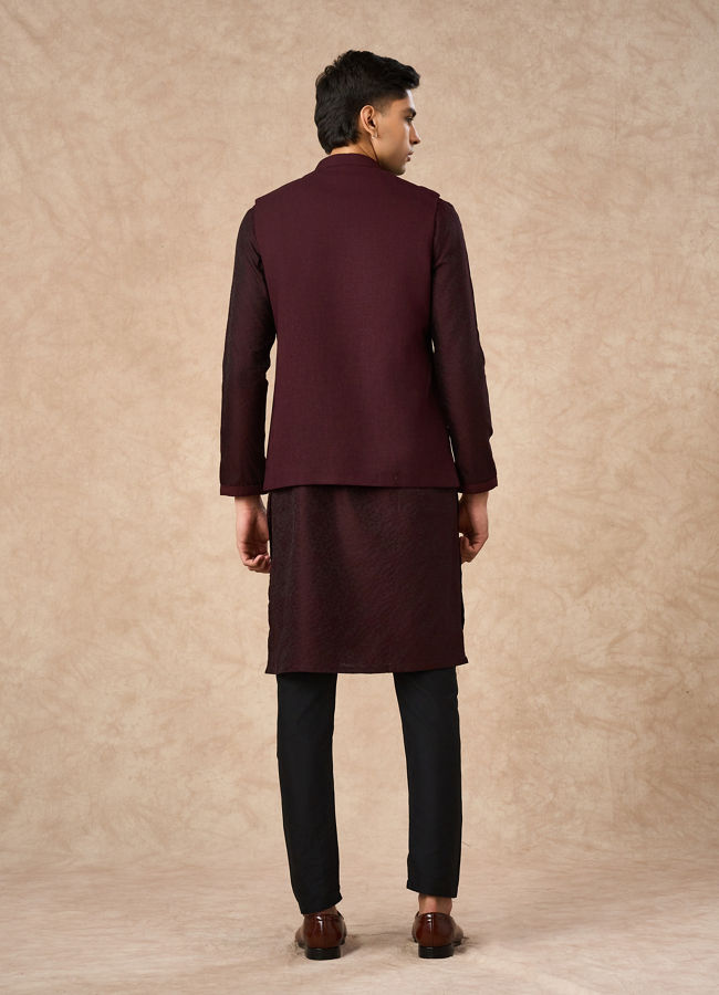 Manyavar Men Wine Blended Rayon Nehru Jacket with Pocket Pin