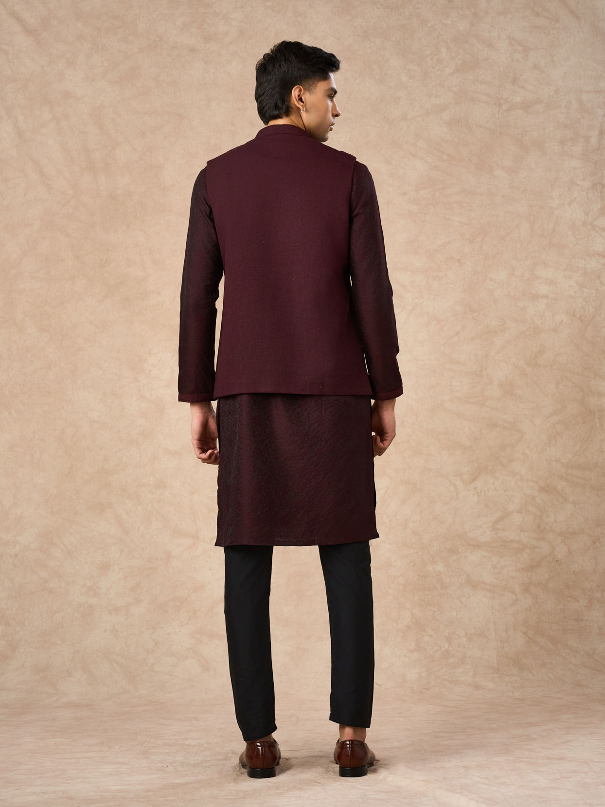 Manyavar Men Wine Blended Rayon Nehru Jacket with Pocket Pin