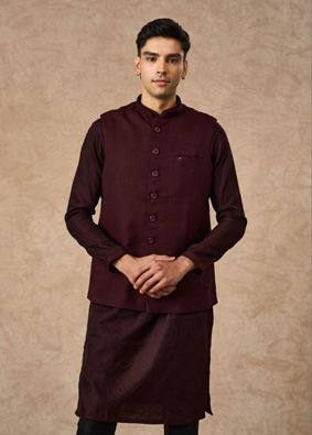 Manyavar Men Wine Blended Rayon Nehru Jacket with Pocket Pin