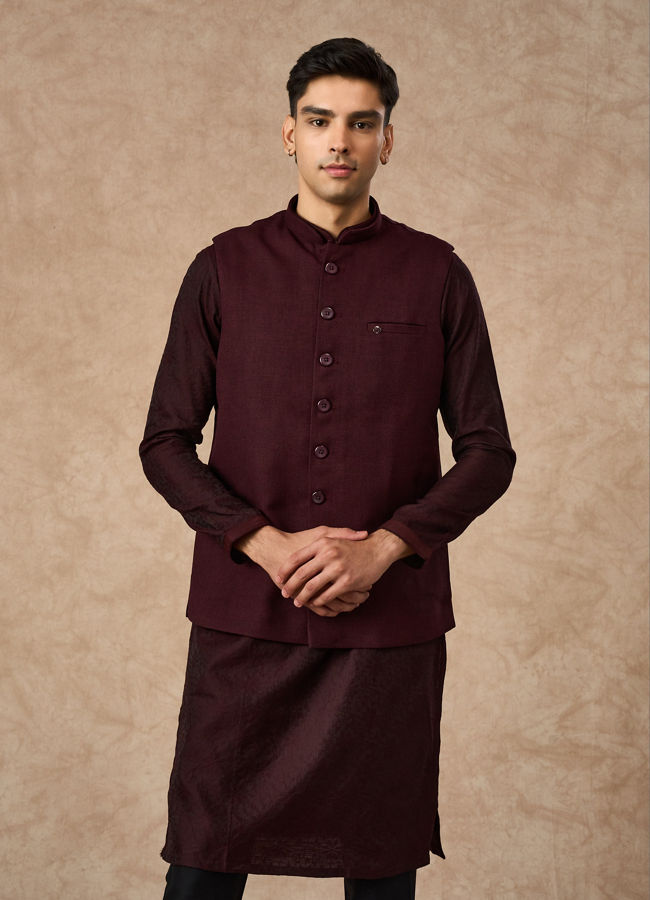 Manyavar Men Wine Blended Rayon Nehru Jacket with Pocket Pin