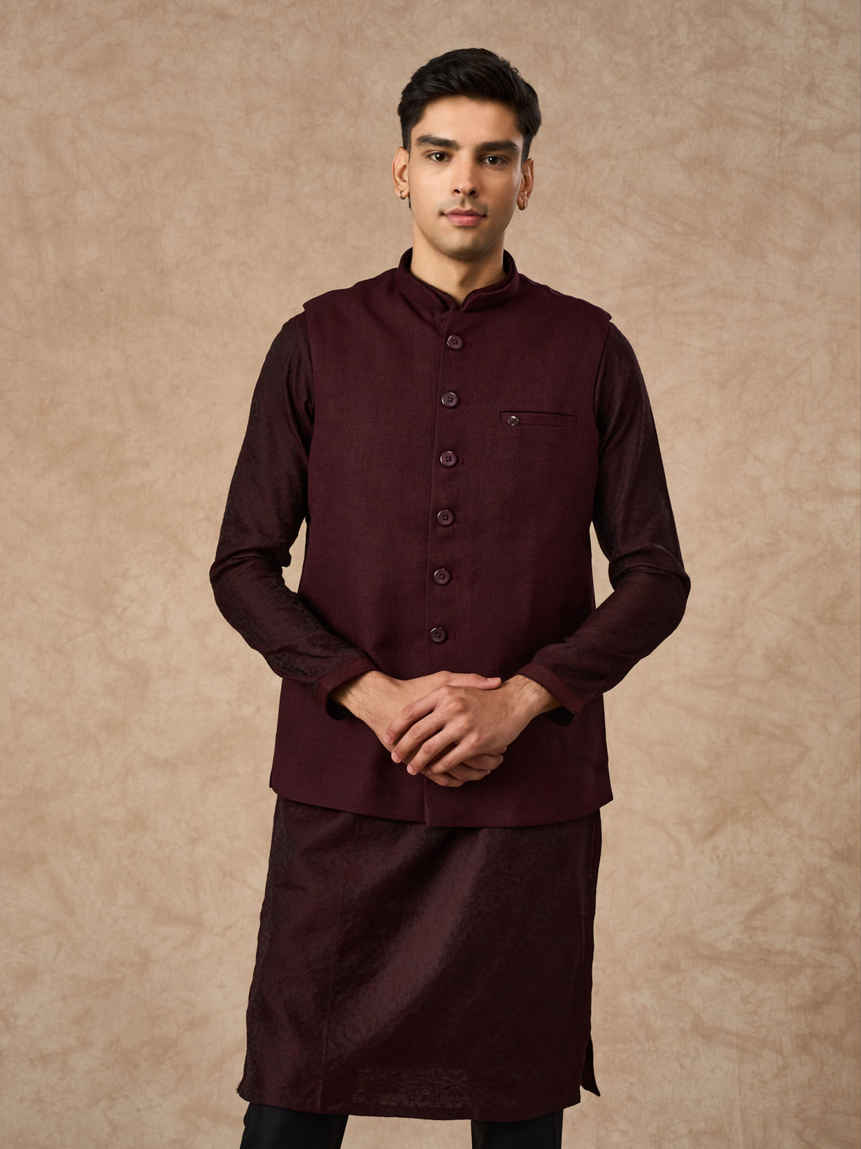 Manyavar Men Wine Blended Rayon Nehru Jacket with Pocket Pin