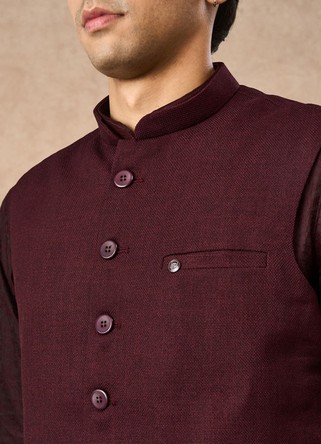 Manyavar Men Wine Blended Rayon Nehru Jacket with Pocket Pin