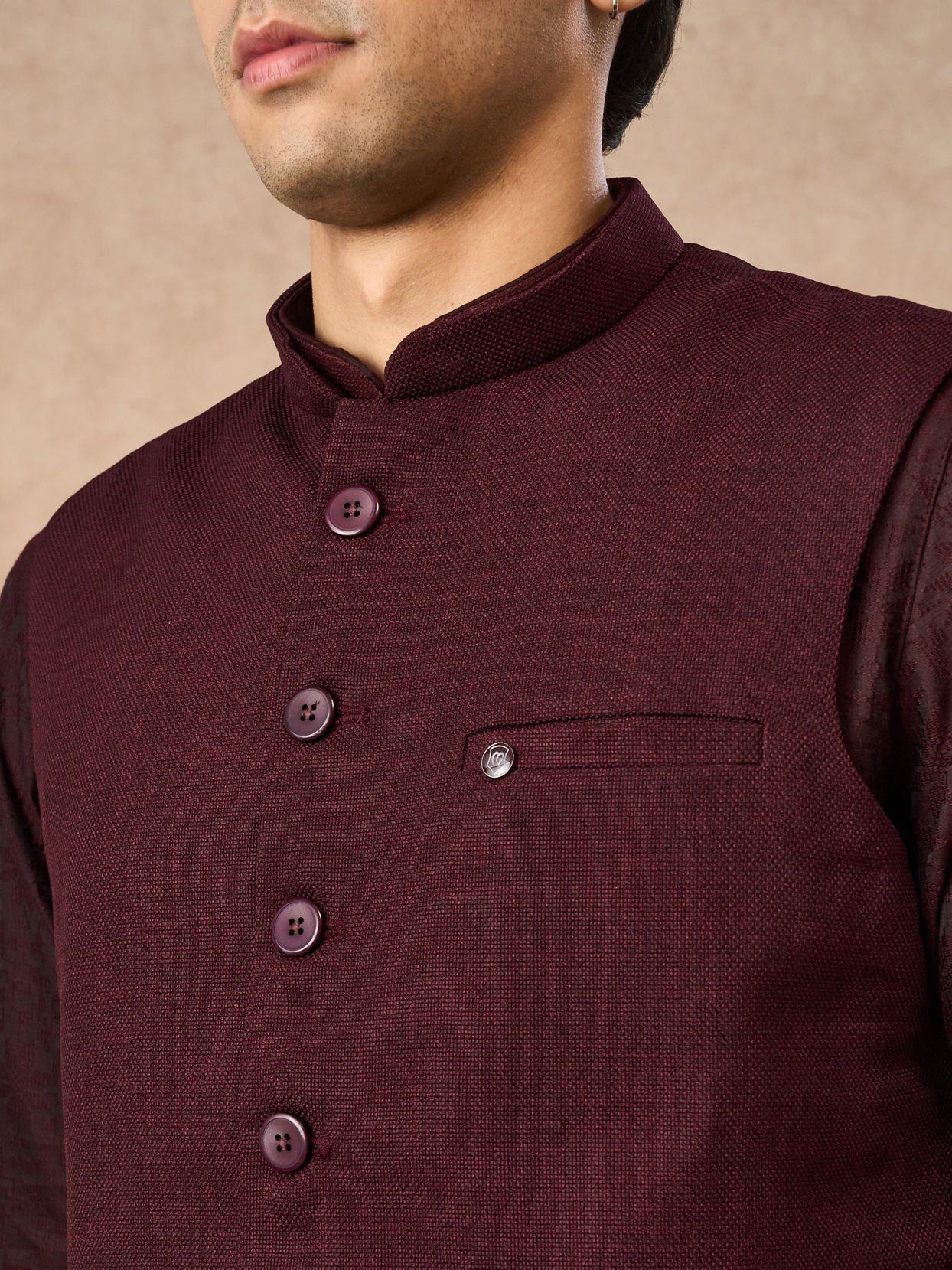 Manyavar Men Wine Blended Rayon Nehru Jacket with Pocket Pin