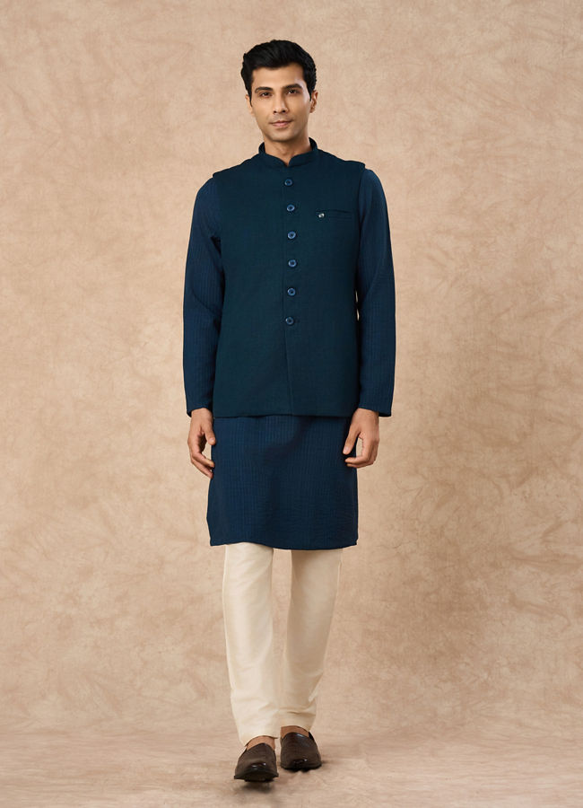 Manyavar Men Teal Blue Blended Rayon Nehru Jacket