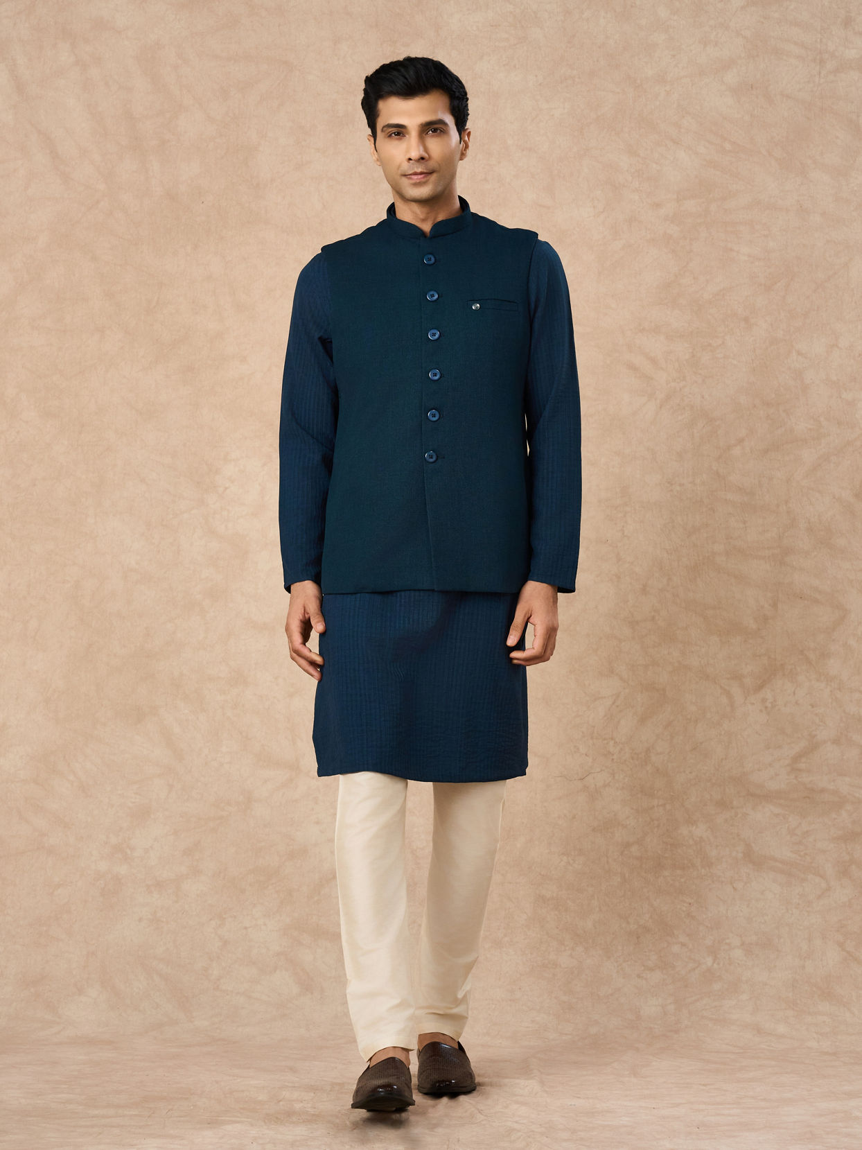 Manyavar Men Teal Blue Blended Rayon Nehru Jacket