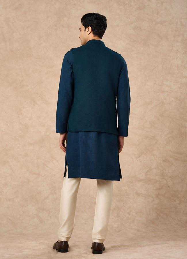 Manyavar Men Teal Blue Blended Rayon Nehru Jacket